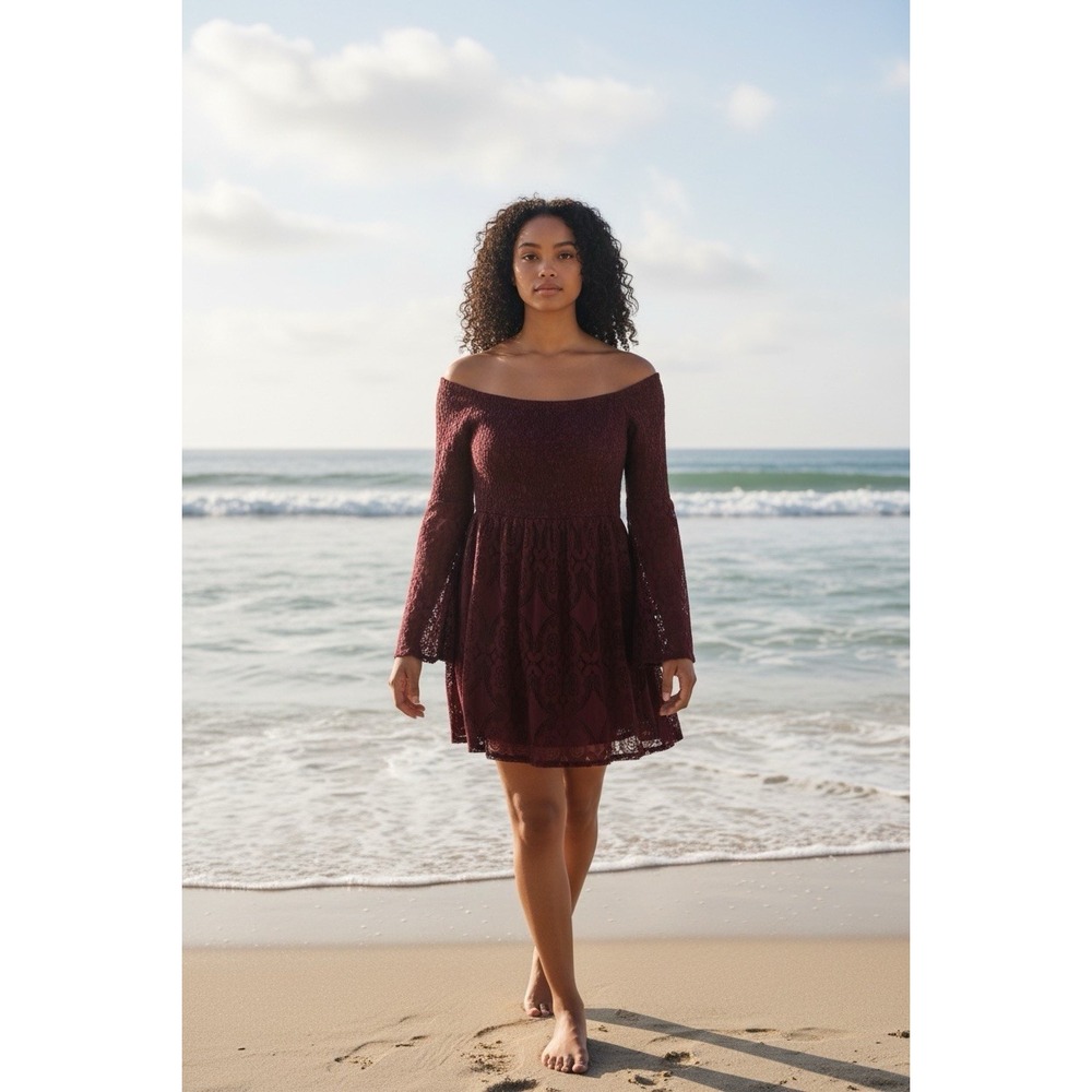Burgundy Merlot Lace Smocked Mini Dress Sz Lg Bell Sleeves Lined Boho‎ Romantic